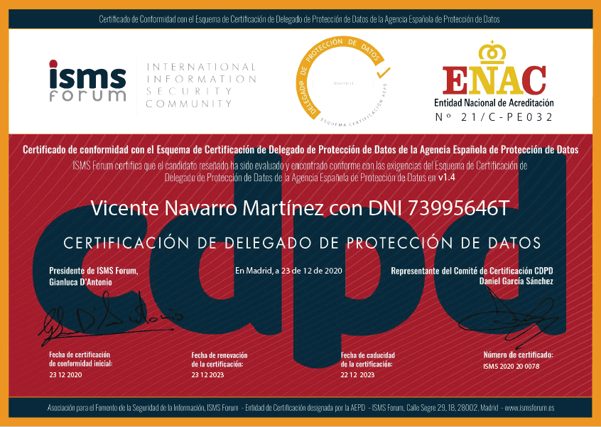 Vicente Navarro acreditacion CDPD ISMS
